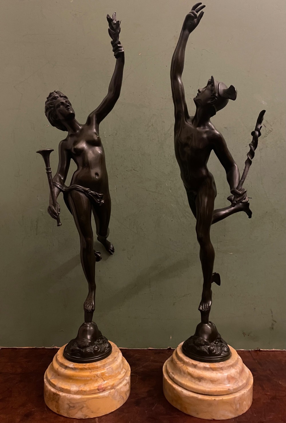 Pair of finely cast C19th ‘Grand Tour’ souvenir classical bronze statuettes of “Mercury” and “Fortuna” , after Giambologna. View XXIII