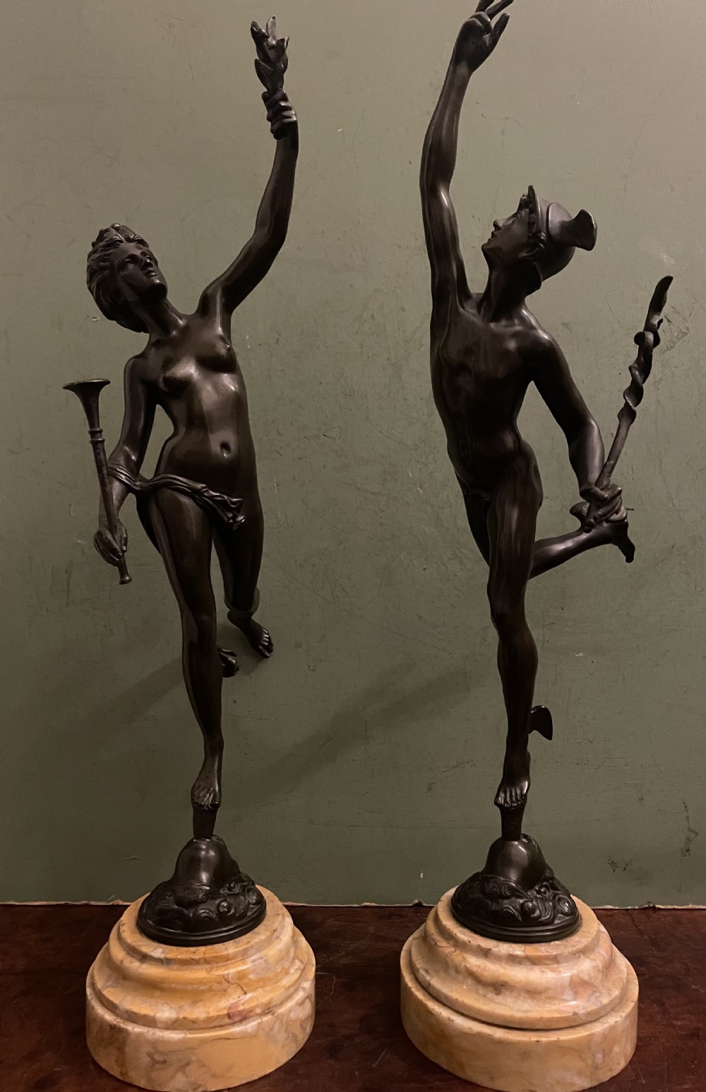 Pair of finely cast C19th ‘Grand Tour’ souvenir classical bronze statuettes of “Mercury” and “Fortuna” , after Giambologna. View XXIV