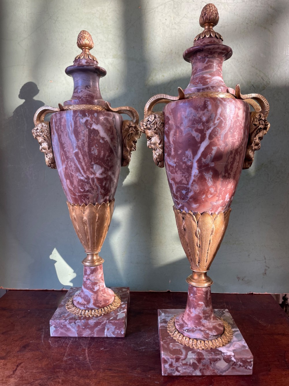 Superior quality pair of late C19th/ early C20th French ormolu-mounted marble vases or cassolettes in the Louis XVI taste.