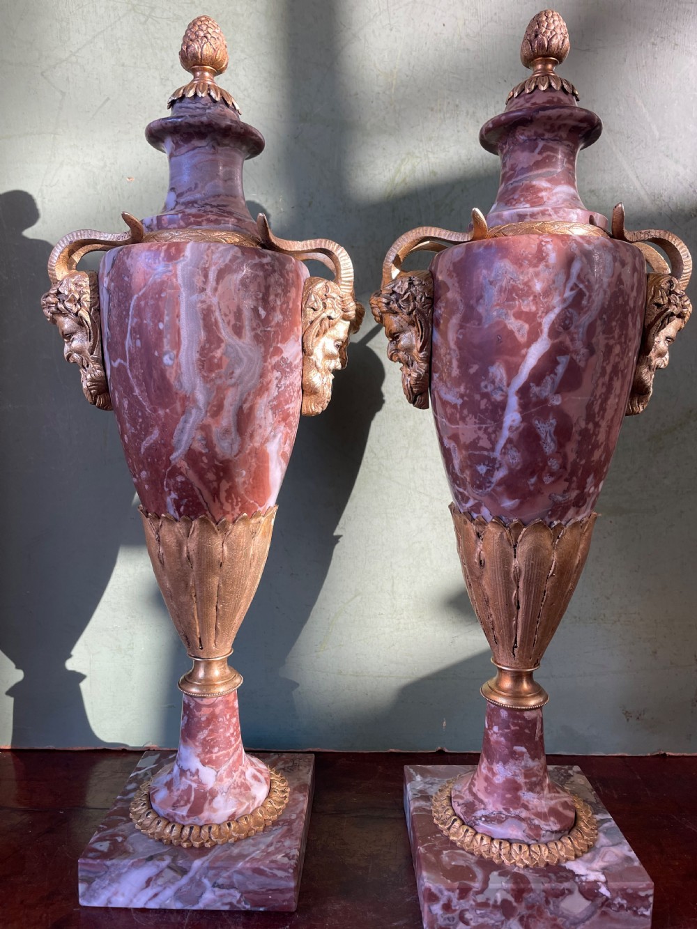 Superior quality pair of late C19th/ early C20th French ormolu-mounted marble vases or cassolettes in the Louis XVI taste. View XVI