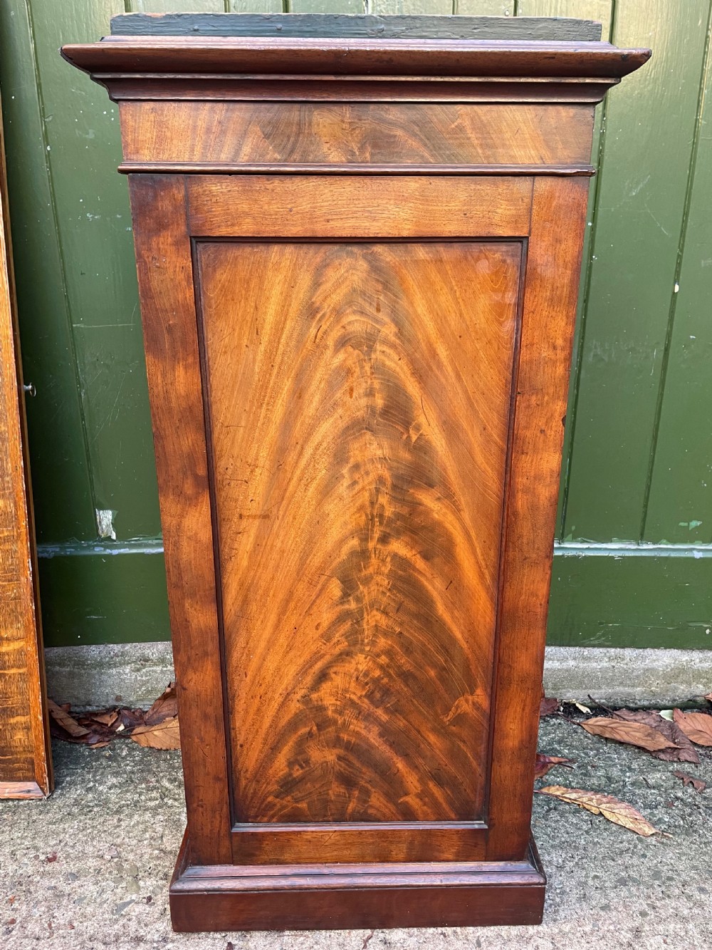 An early nineteenth-century Georgian mahogany pedestal cupboard featuring a flame mahogany veneered front panel, moulded top cornice, and plinth base. View X