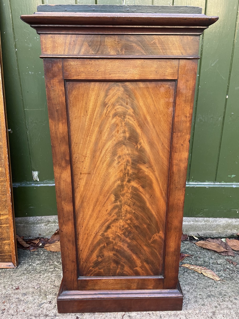 An early nineteenth-century Georgian mahogany pedestal cupboard featuring a flame mahogany veneered front panel, moulded top cornice, and plinth base.