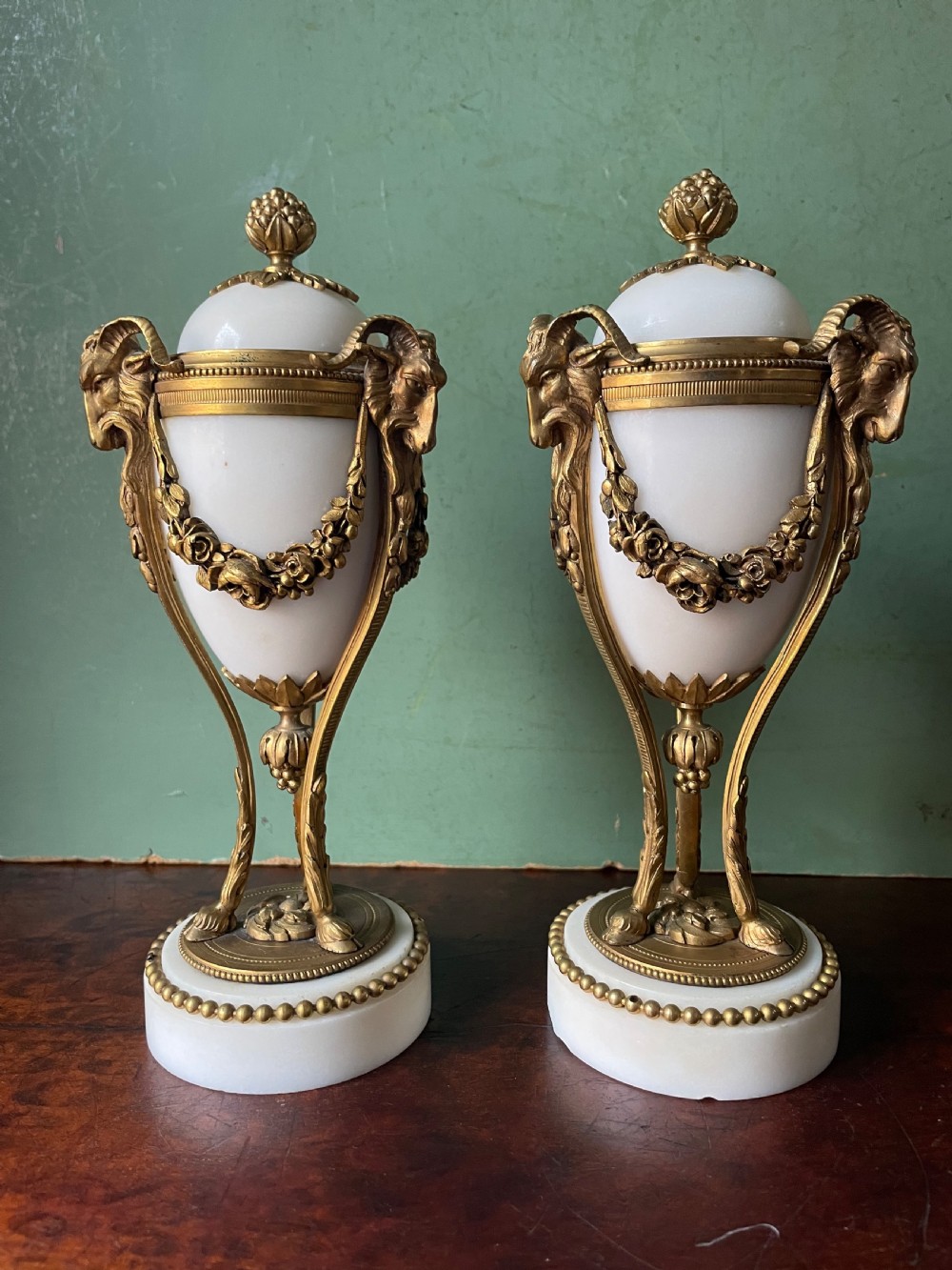 Pair of late C19th French Louis XVI period style ormolu-mounted marble cassolettes. View II