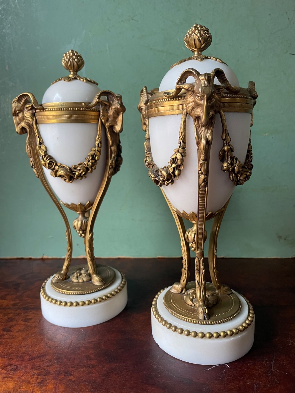 Pair of late C19th French Louis XVI period style ormolu-mounted marble cassolettes. View III