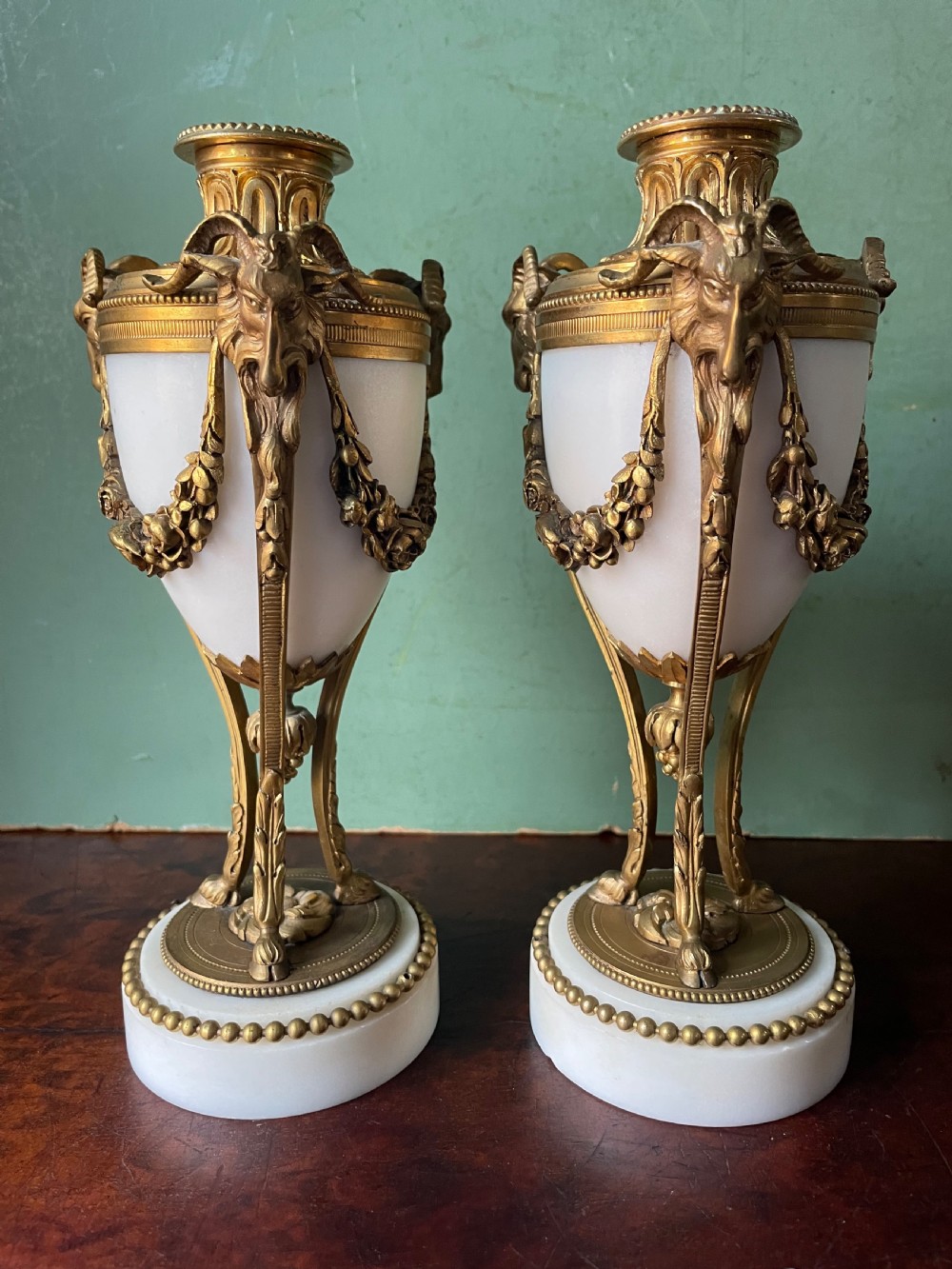 Pair of late C19th French Louis XVI period style ormolu-mounted marble cassolettes. View V