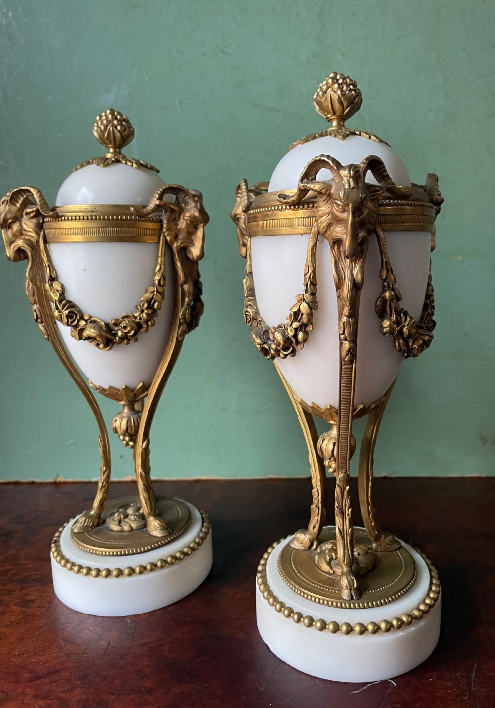 Pair of late C19th French Louis XVI period style ormolu-mounted marble cassolettes. View VI