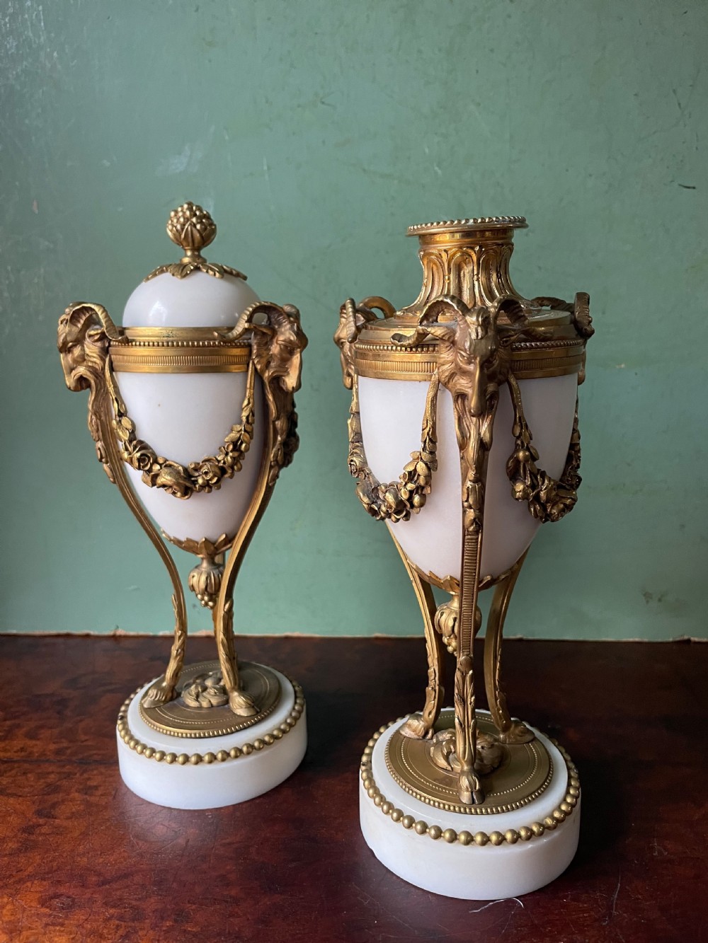 Pair of late C19th French Louis XVI period style ormolu-mounted marble cassolettes. View VII