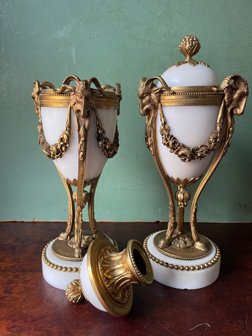 Pair of late C19th French Louis XVI period style ormolu-mounted marble cassolettes. View VIII