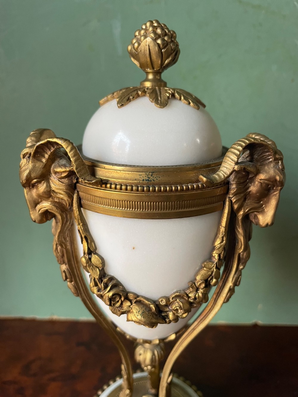 Pair of late C19th French Louis XVI period style ormolu-mounted marble cassolettes. View IX
