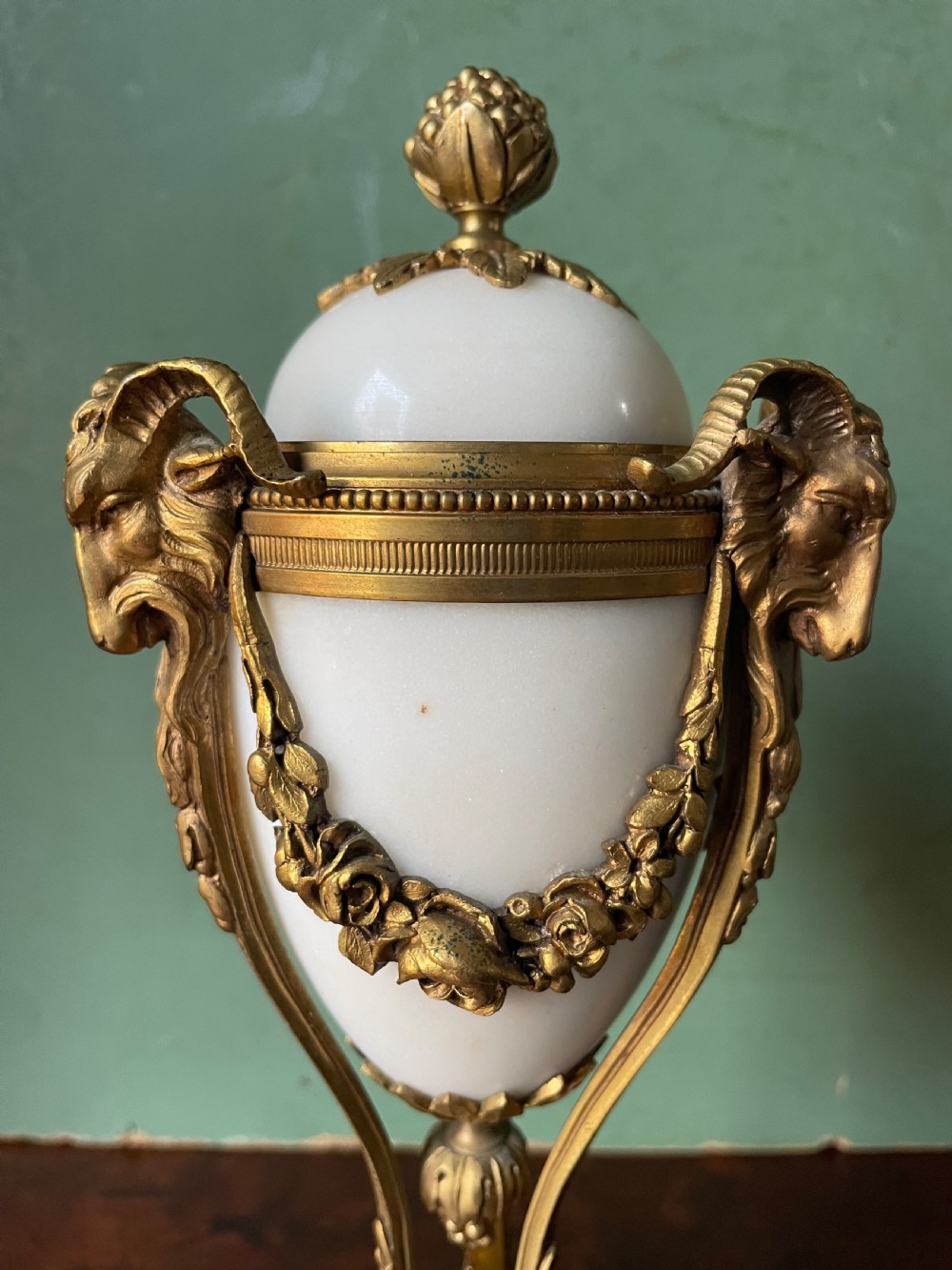 Pair of late C19th French Louis XVI period style ormolu-mounted marble cassolettes. View X
