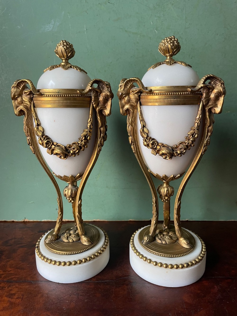 Pair of late C19th French Louis XVI period style ormolu-mounted marble cassolettes. View XIII