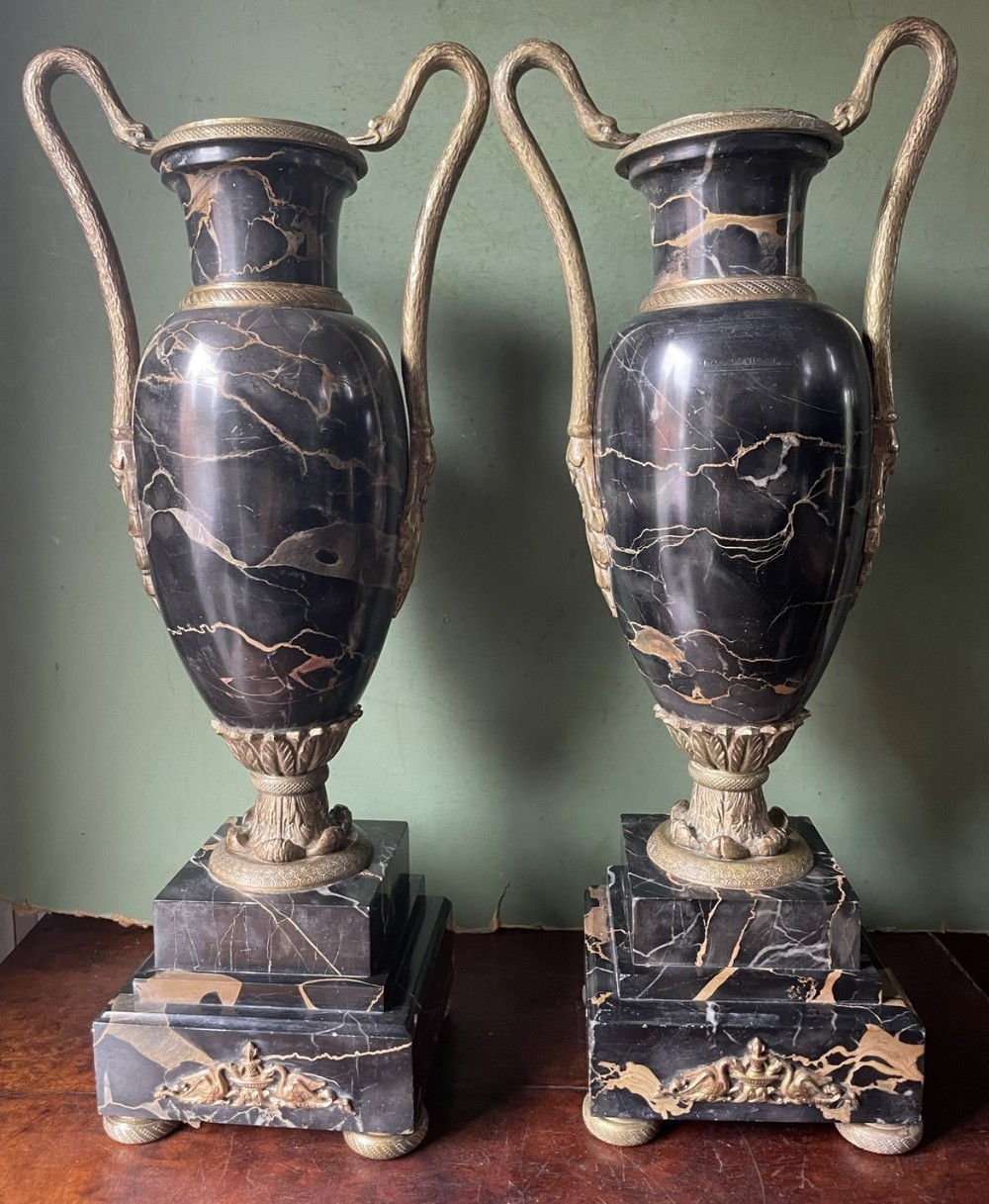 Pair of late C19th French Empire style ormolu mounted ‘nero portoro’ marble vases .