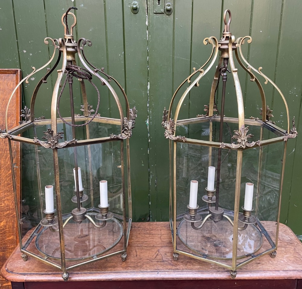 Pair of early C20th brass-framed hexagonal hall lanterns of late C18th George III period design. View III