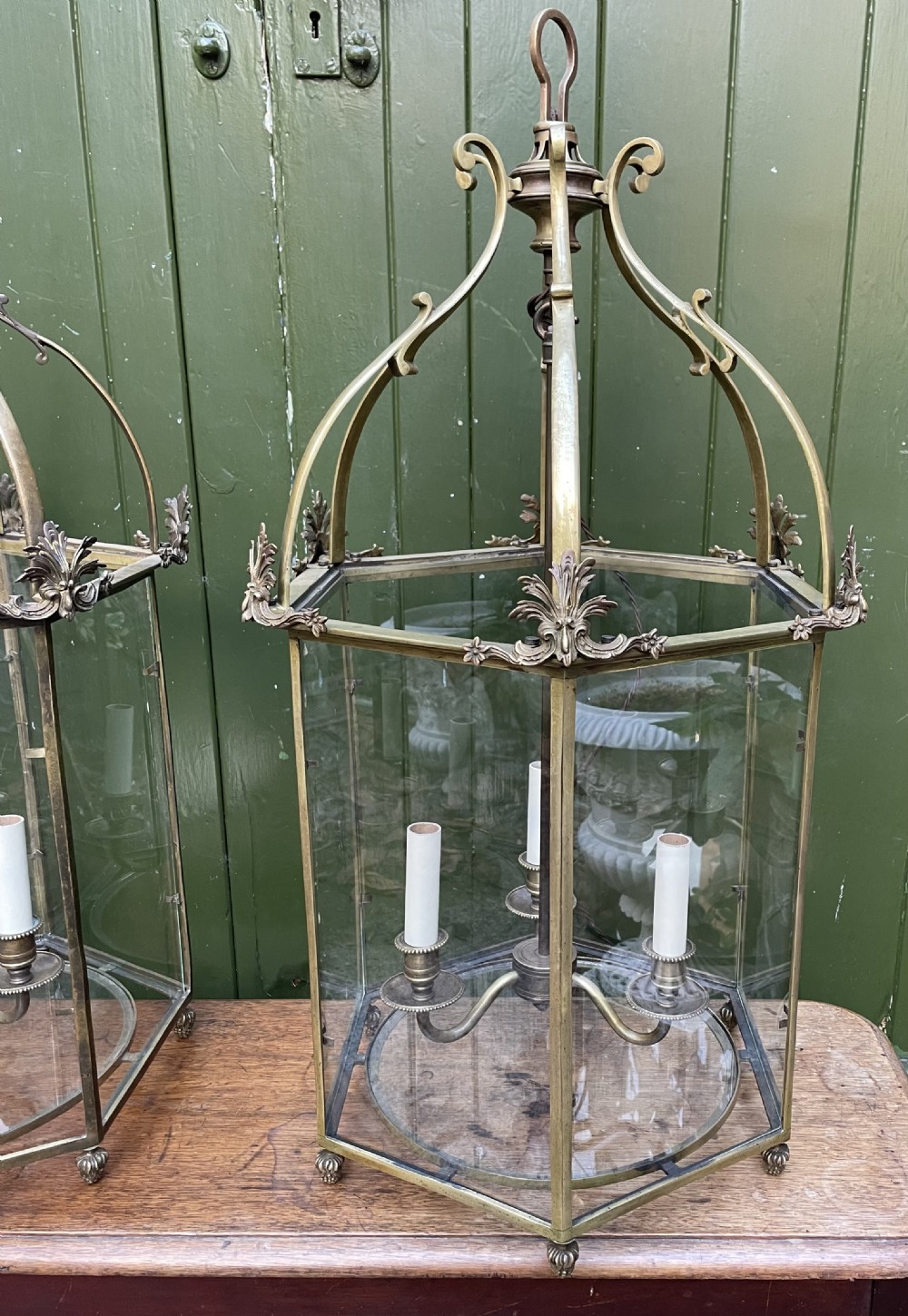 Pair of early C20th brass-framed hexagonal hall lanterns of late C18th George III period design. View V
