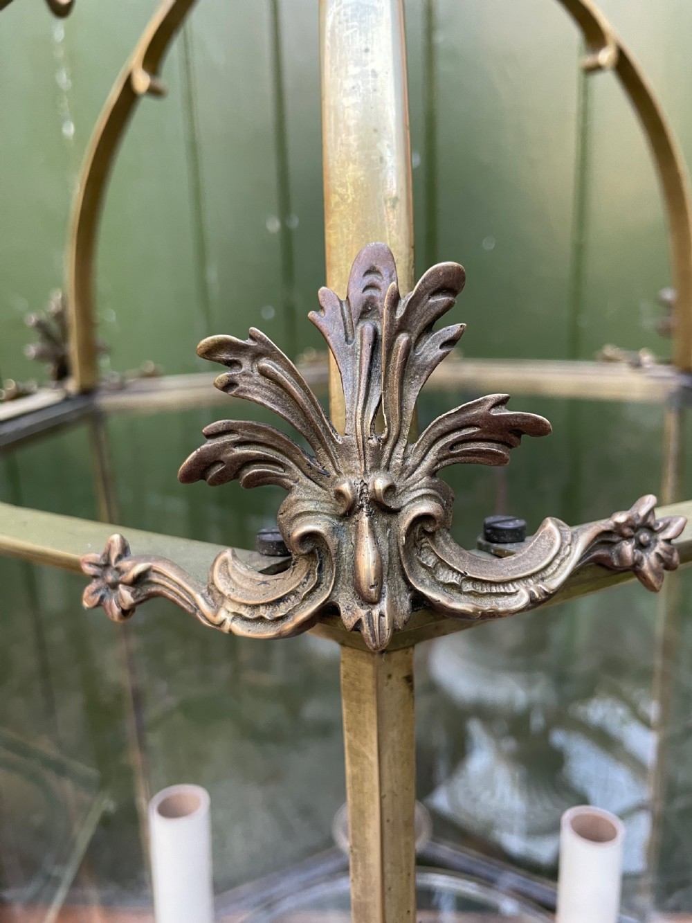 Pair of early C20th brass-framed hexagonal hall lanterns of late C18th George III period design. View VII
