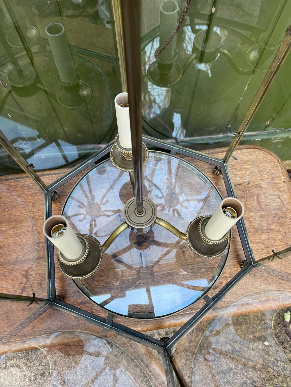 Pair of early C20th brass-framed hexagonal hall lanterns of late C18th George III period design. View VIII