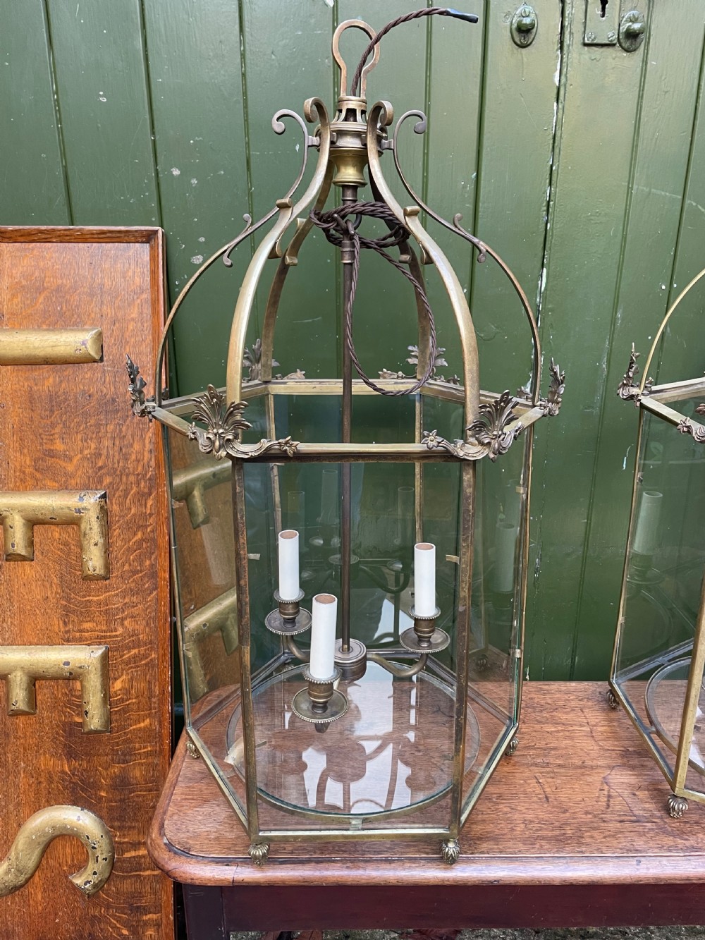 Pair of early C20th brass-framed hexagonal hall lanterns of late C18th George III period design. View IX