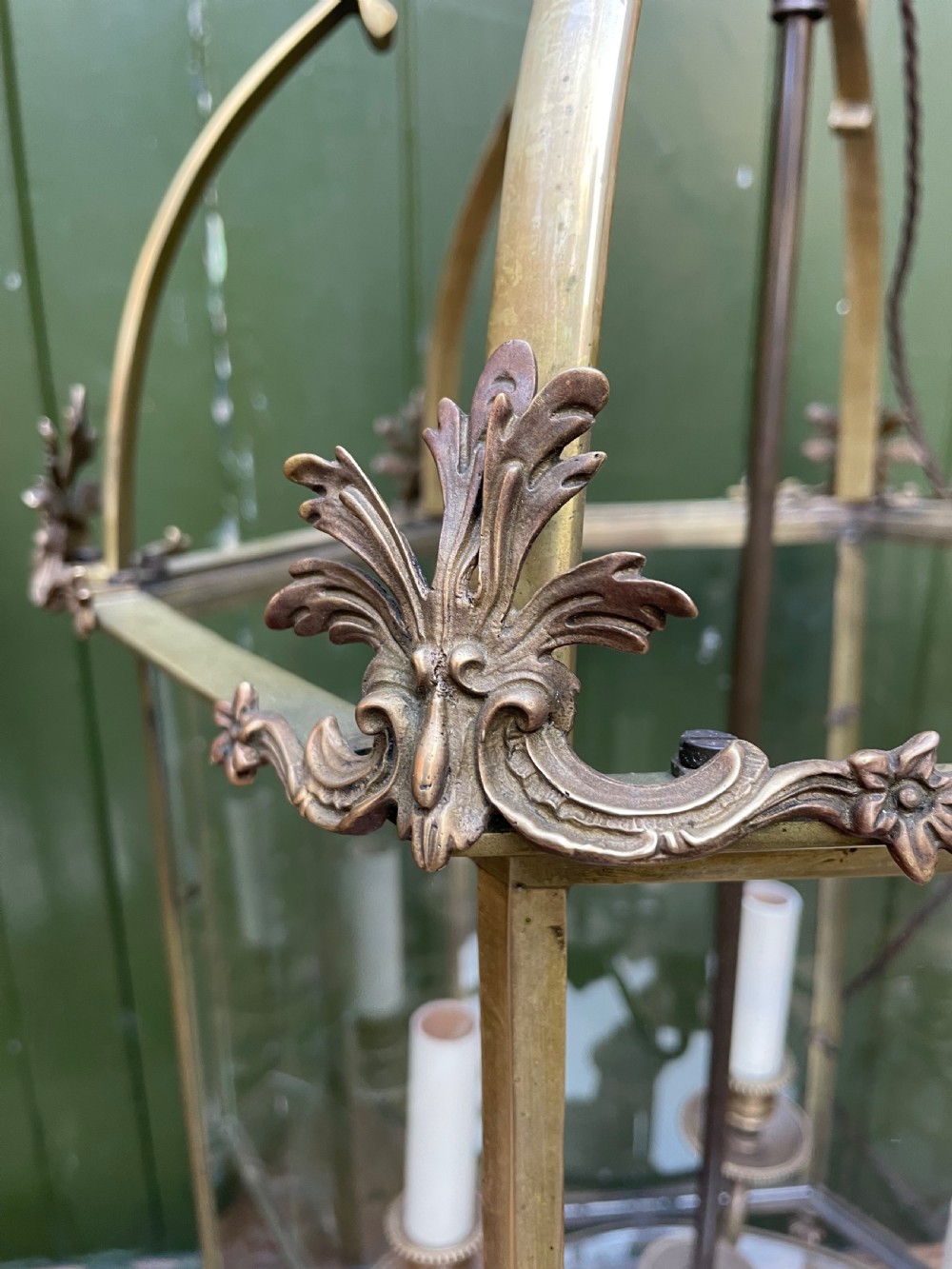 Pair of early C20th brass-framed hexagonal hall lanterns of late C18th George III period design. View XI