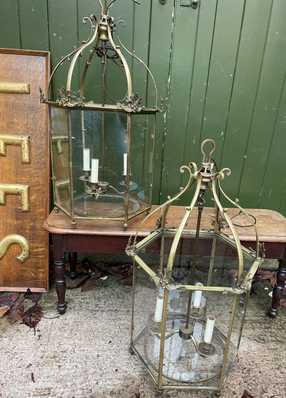 Pair of early C20th brass-framed hexagonal hall lanterns of late C18th George III period design. View XXI