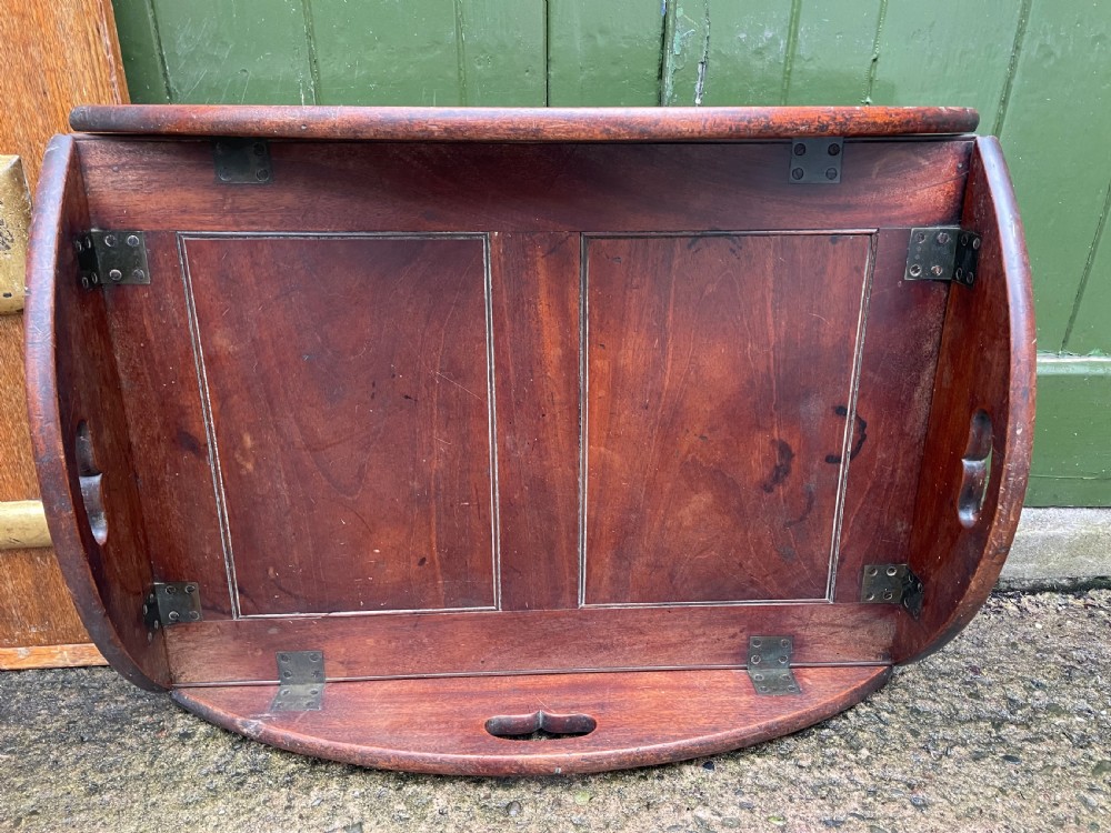 Late C18th George III period mahogany oval ‘butler’s’ tray with brass hinged folding sides . View VII
