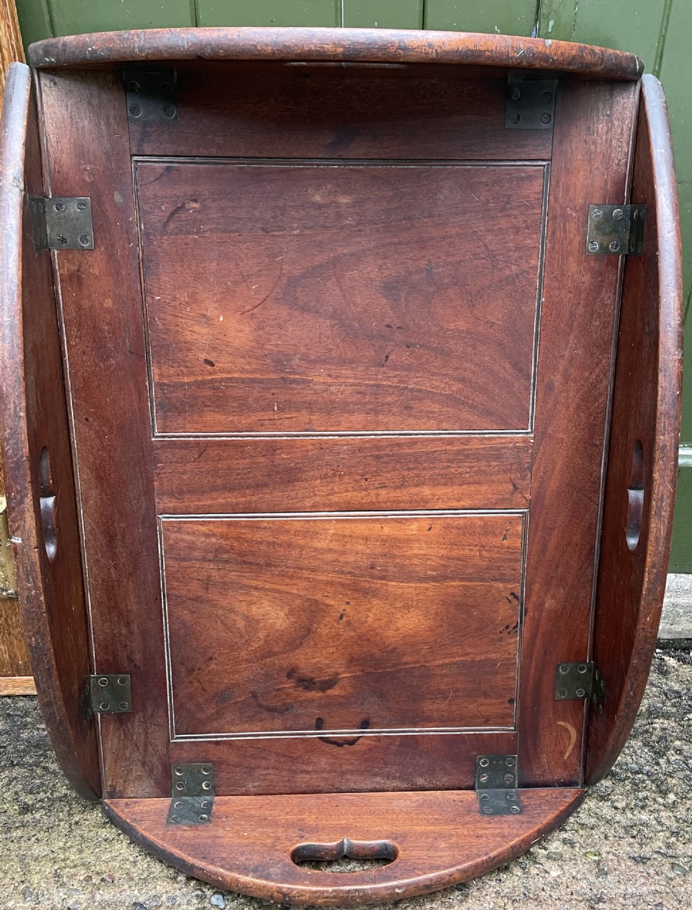 Late C18th George III period mahogany oval ‘butler’s’ tray with brass hinged folding sides . View IX
