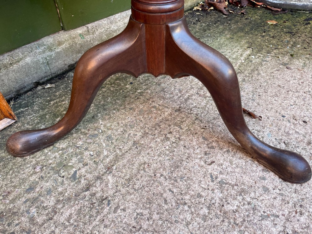 C18th George III period mahogany circular ‘snap-top’ tripod base tea table on carved pillar column.  View VIII