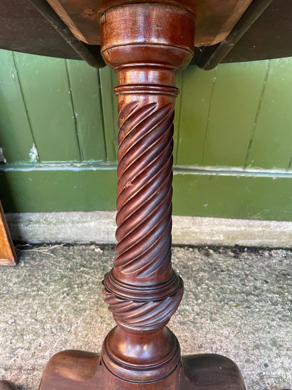 C18th George III period mahogany circular ‘snap-top’ tripod base tea table on carved pillar column.  View XVIII