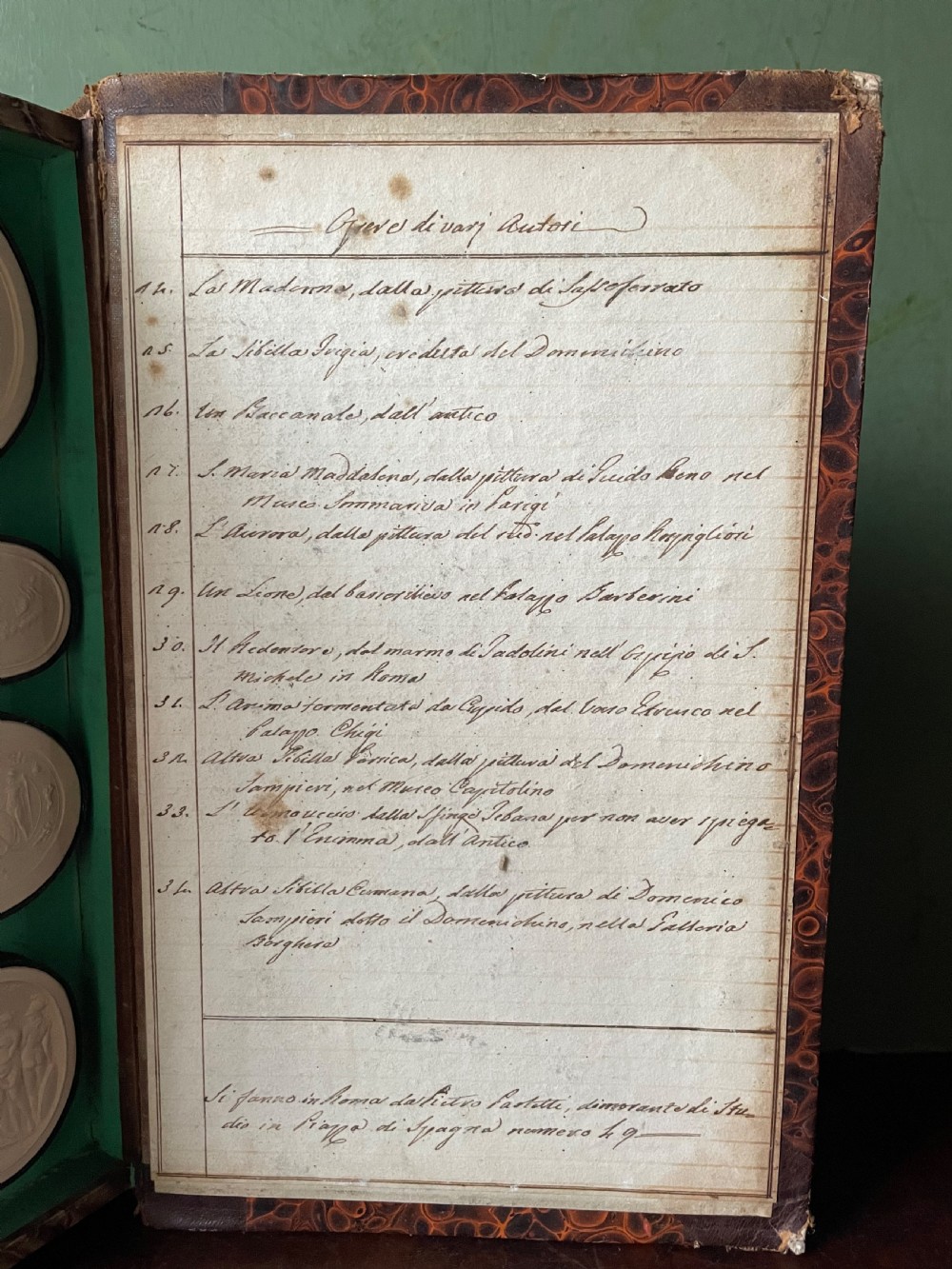 Mid C19th Italian ‘Grand Tour’ souvenir double-sided faux book containing a selection of various plaster intaglios by Paoletti. View XIII