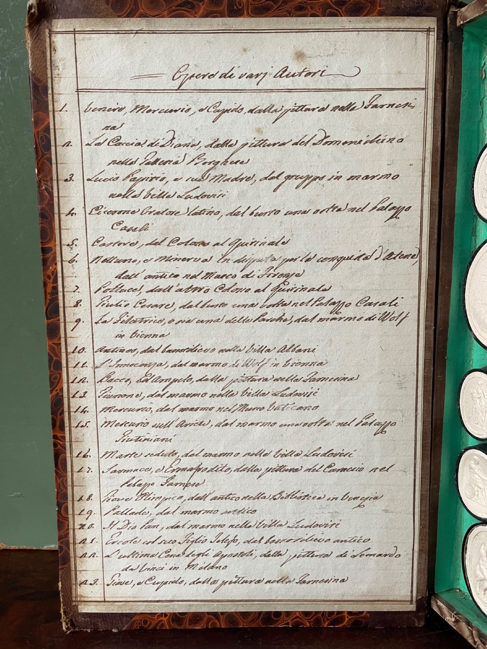 Mid C19th Italian ‘Grand Tour’ souvenir double-sided faux book containing a selection of various plaster intaglios by Paoletti. View XV