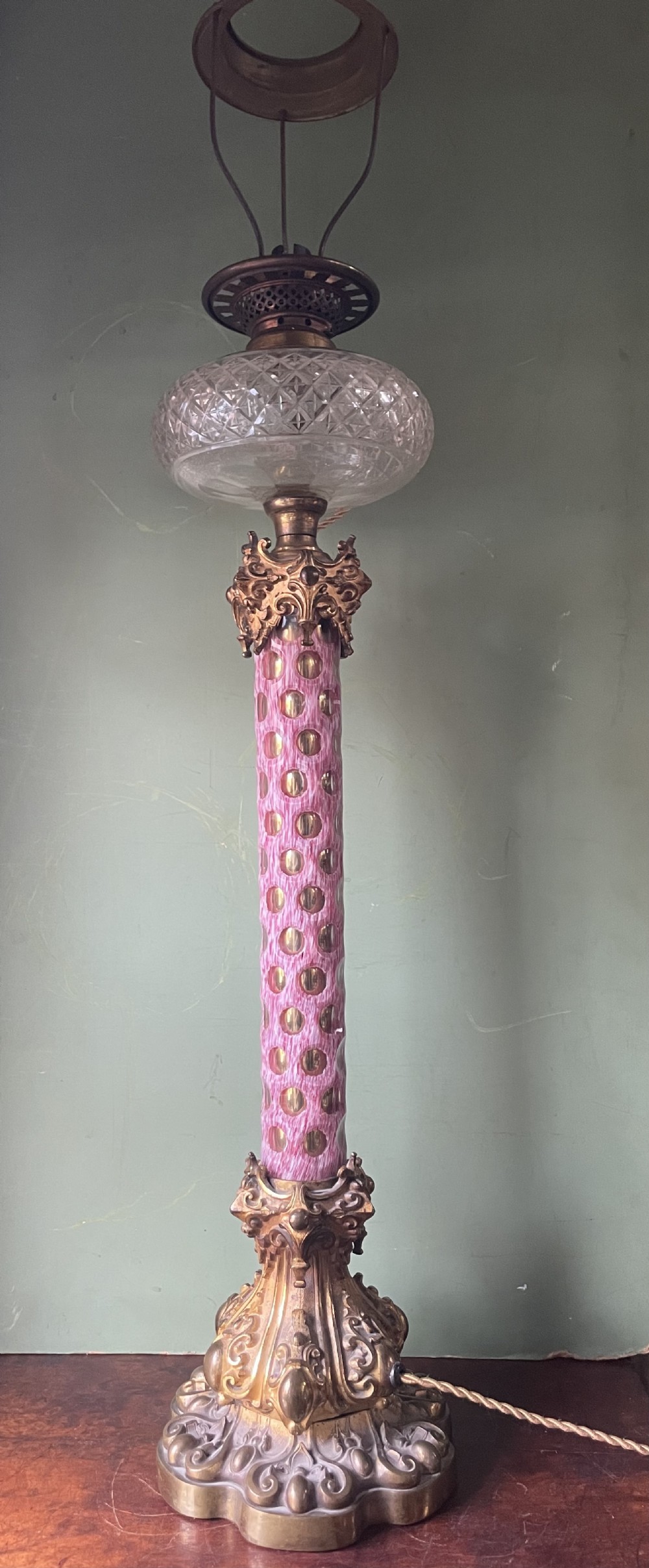 Impressively-scaled bold mid C19th ormolu-mounted cut ‘overlay’ glass column lamp of flamboyant design and colour. 