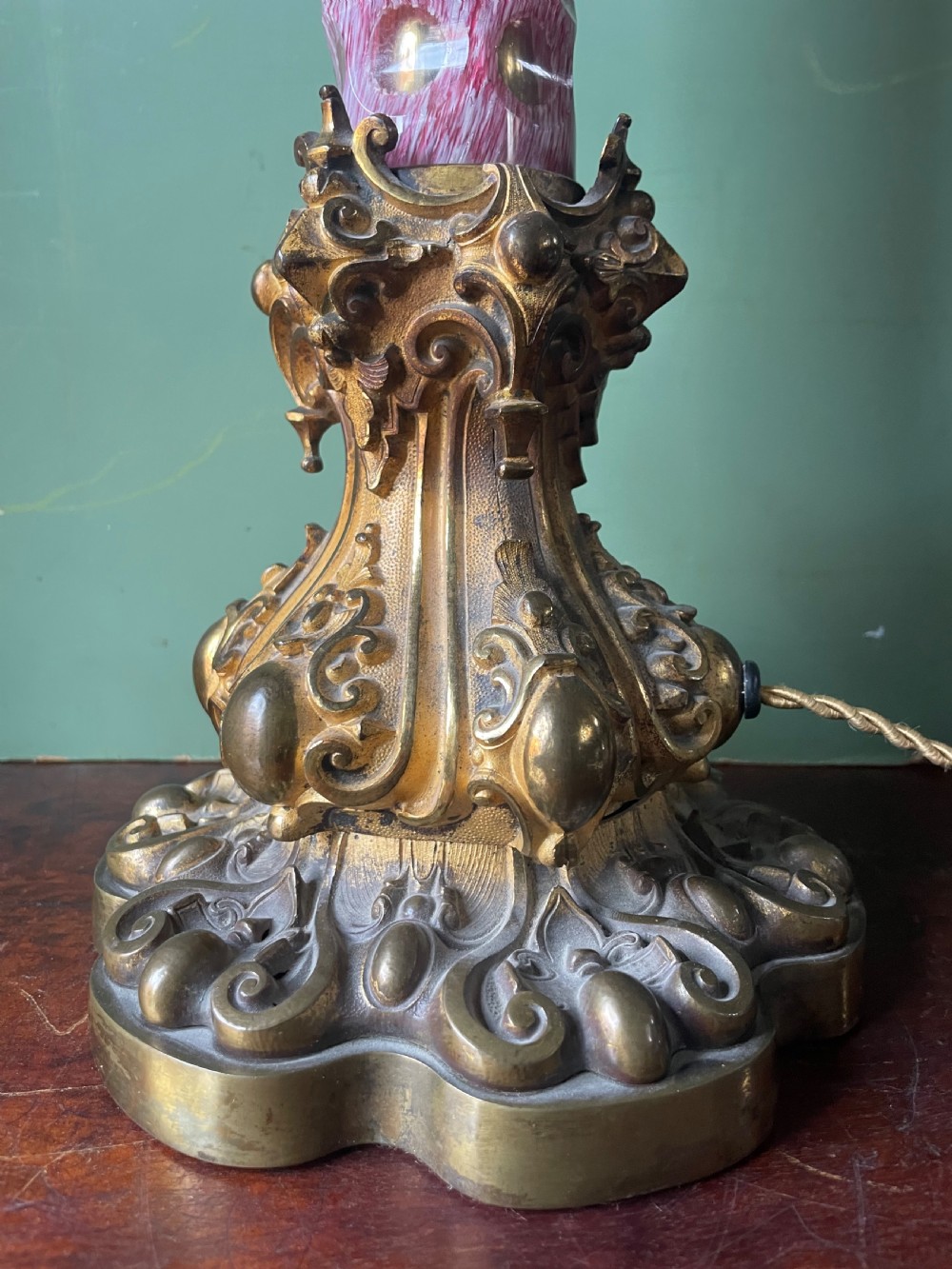 Impressively-scaled bold mid C19th ormolu-mounted cut ‘overlay’ glass column lamp of flamboyant design and colour.  View IV