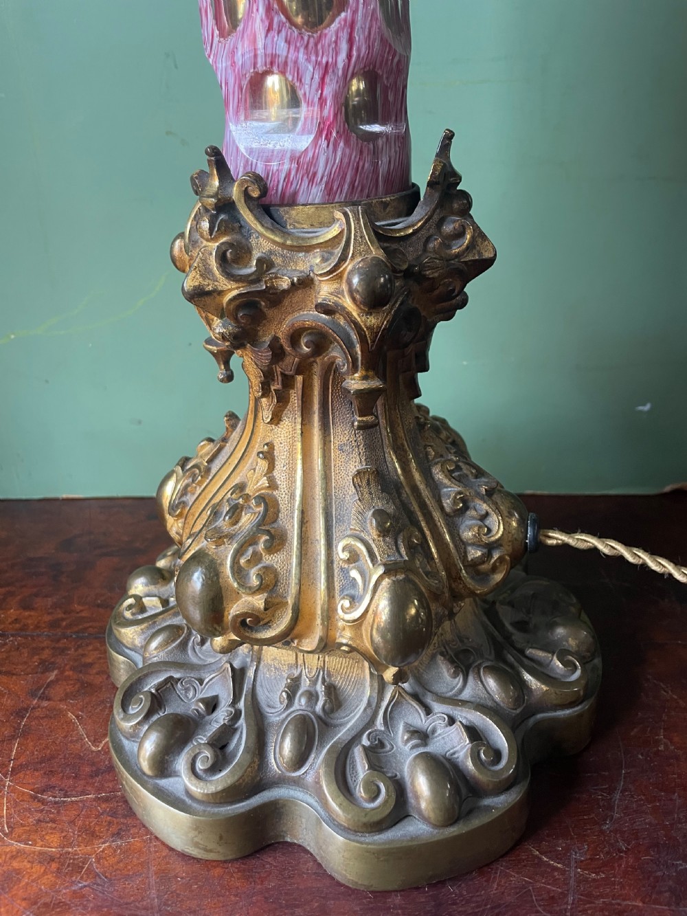 Impressively-scaled bold mid C19th ormolu-mounted cut ‘overlay’ glass column lamp of flamboyant design and colour.  View V