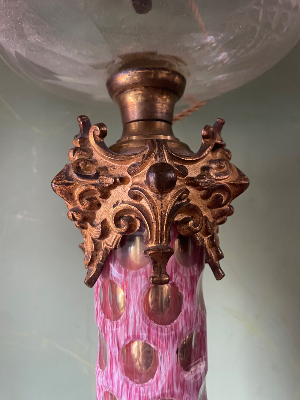 Impressively-scaled bold mid C19th ormolu-mounted cut ‘overlay’ glass column lamp of flamboyant design and colour.  View VI