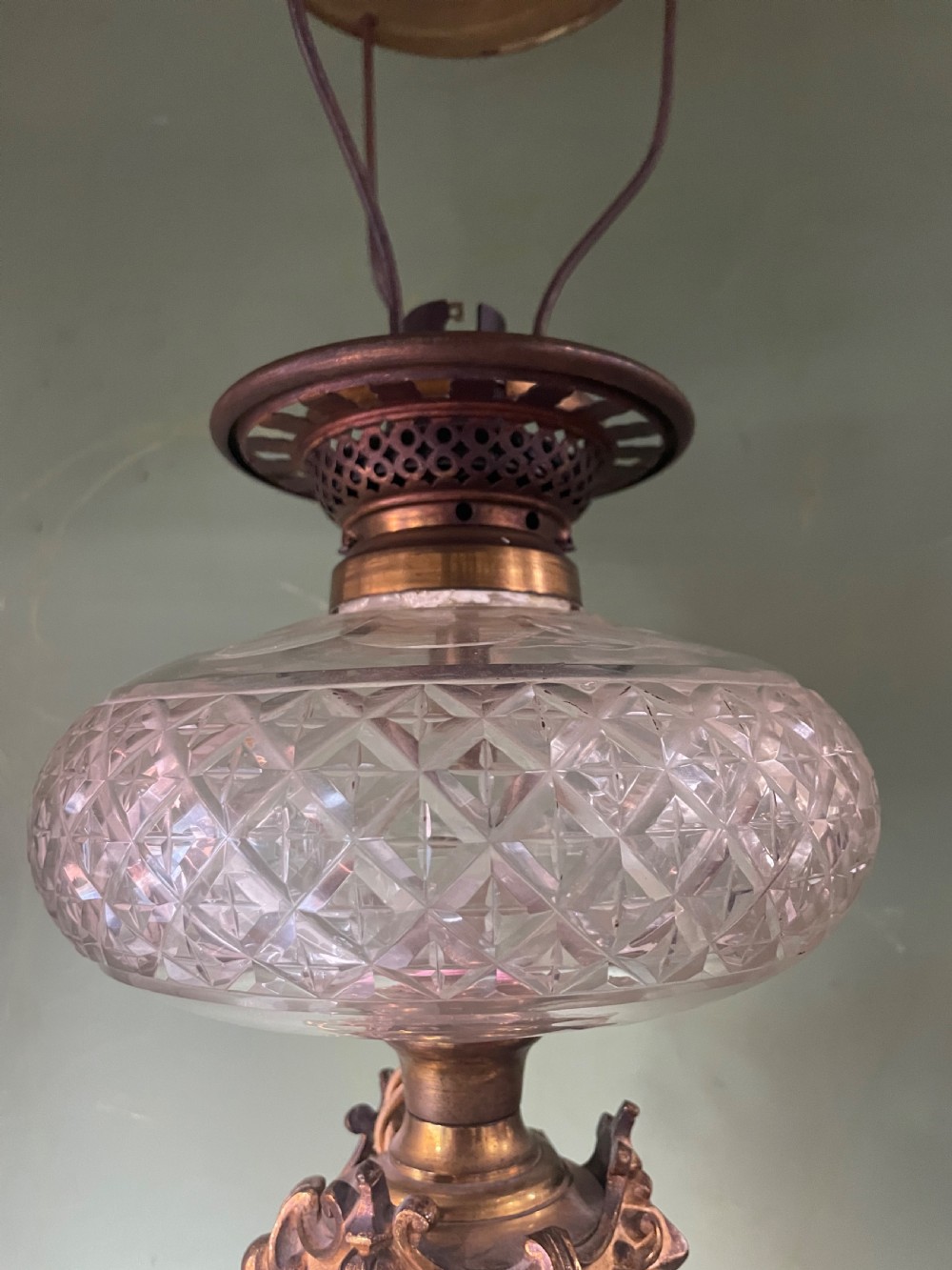 Impressively-scaled bold mid C19th ormolu-mounted cut ‘overlay’ glass column lamp of flamboyant design and colour.  View VII