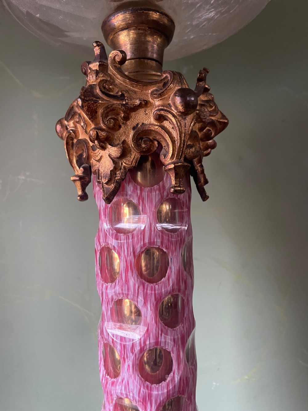Impressively-scaled bold mid C19th ormolu-mounted cut ‘overlay’ glass column lamp of flamboyant design and colour.  View IX
