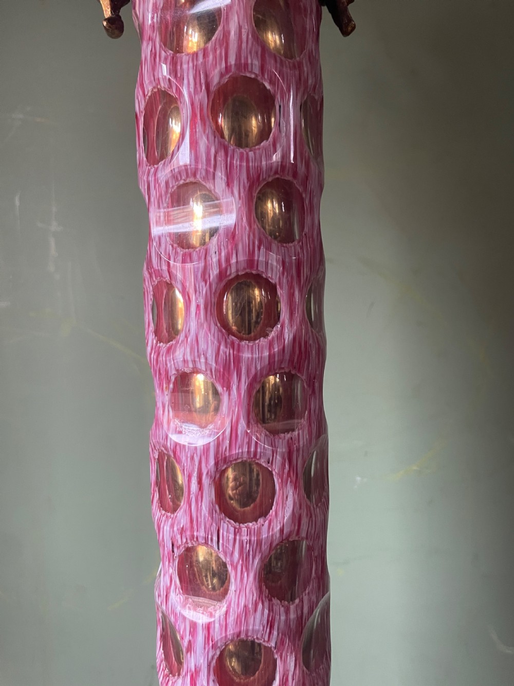 Impressively-scaled bold mid C19th ormolu-mounted cut ‘overlay’ glass column lamp of flamboyant design and colour.  View X