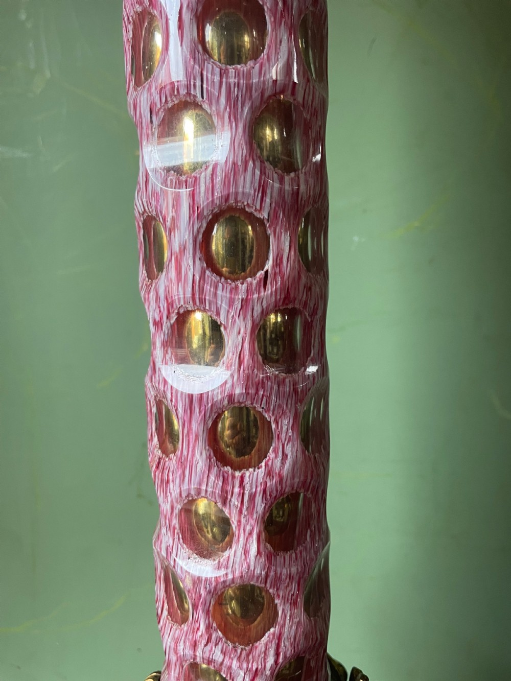 Impressively-scaled bold mid C19th ormolu-mounted cut ‘overlay’ glass column lamp of flamboyant design and colour.  View XI