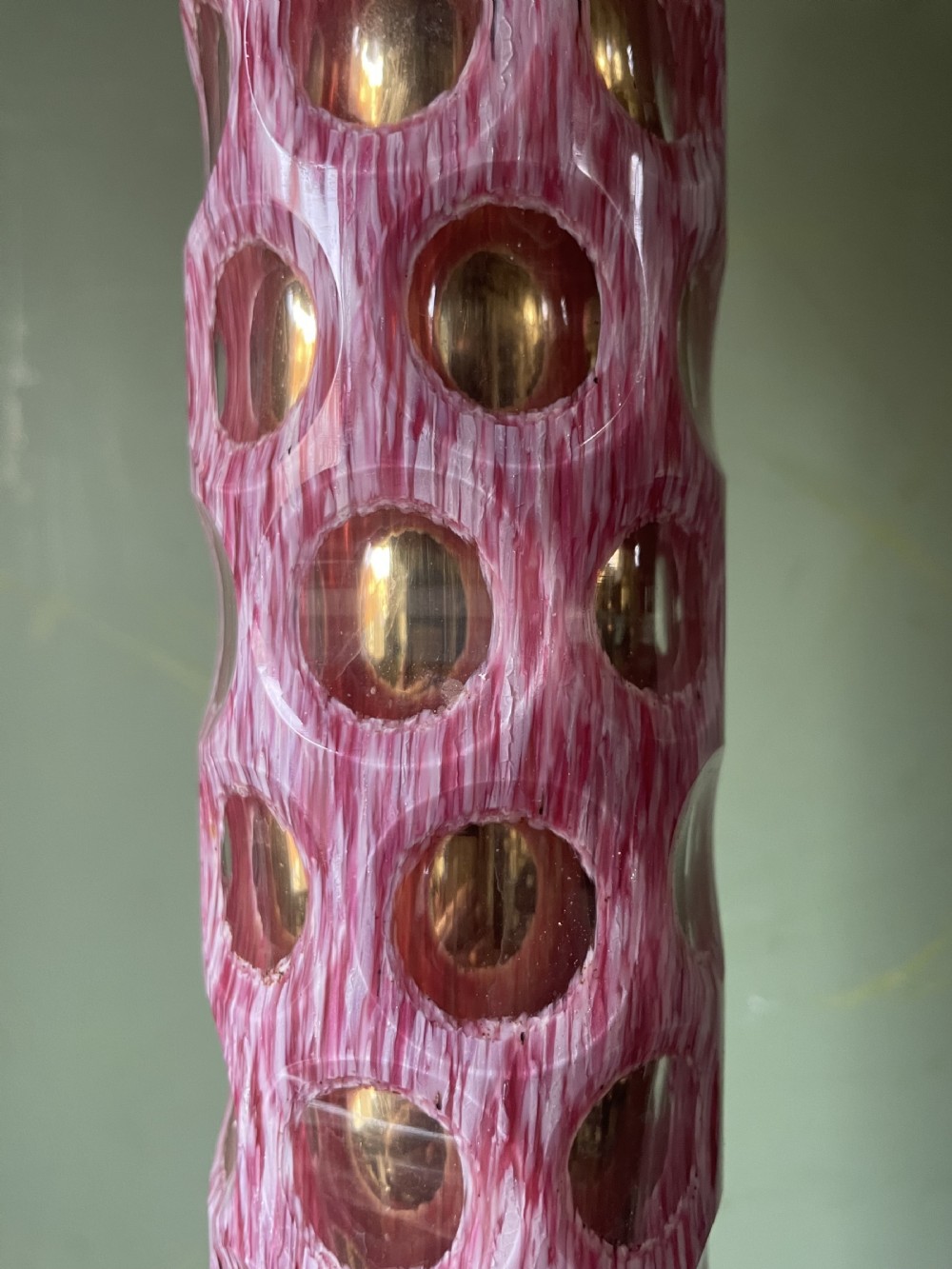 Impressively-scaled bold mid C19th ormolu-mounted cut ‘overlay’ glass column lamp of flamboyant design and colour.  View III