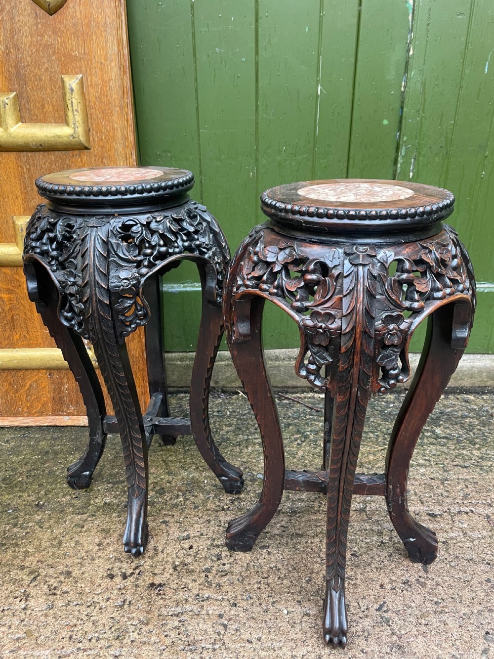 Pair of late C19th/early C20th Chinese Qing Dynasty carved hardwood vases stands . View III