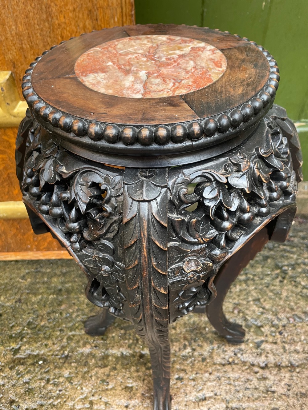 Pair of late C19th/early C20th Chinese Qing Dynasty carved hardwood vases stands . View IV