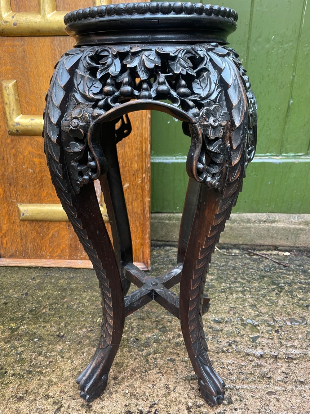 Pair of late C19th/early C20th Chinese Qing Dynasty carved hardwood vases stands . View V