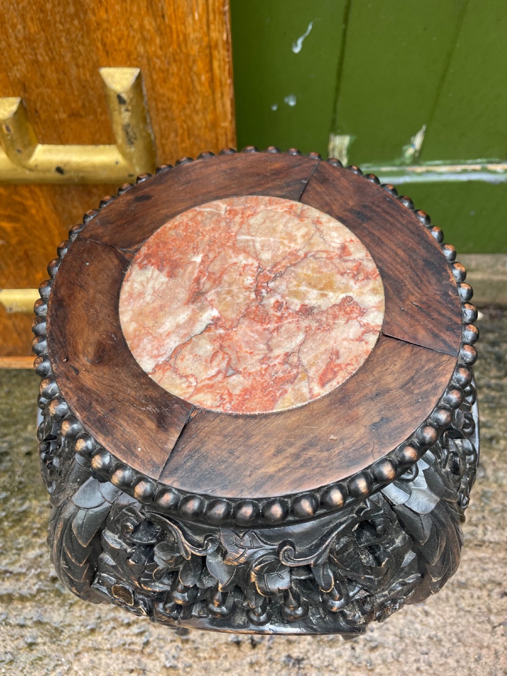 Pair of late C19th/early C20th Chinese Qing Dynasty carved hardwood vases stands . View VI