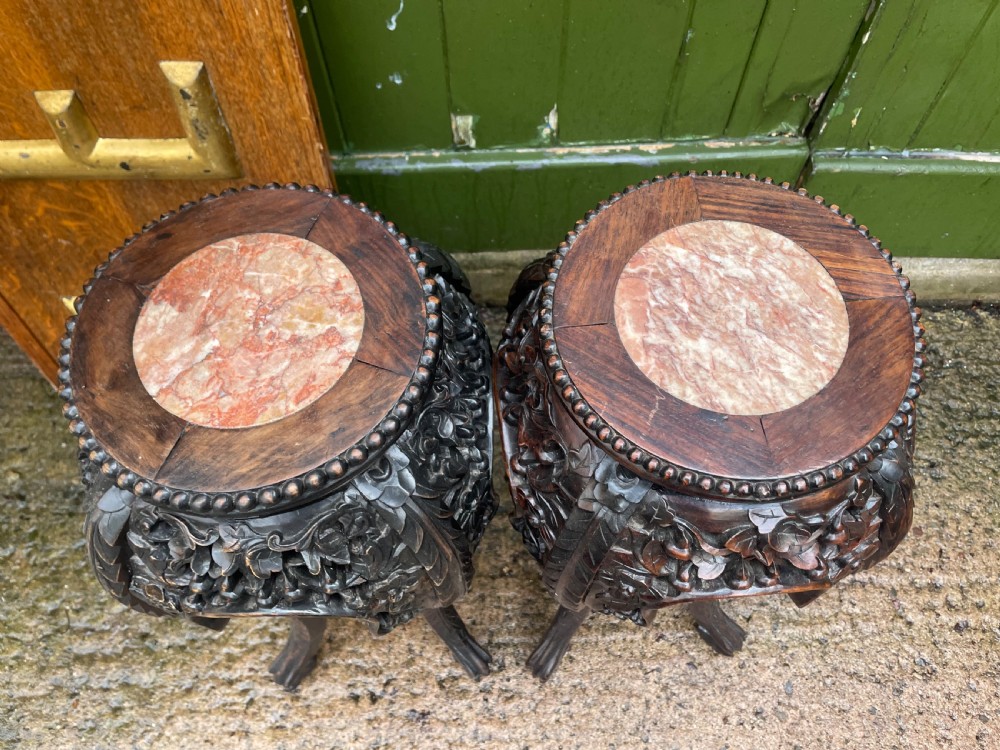 Pair of late C19th/early C20th Chinese Qing Dynasty carved hardwood vases stands . View VII