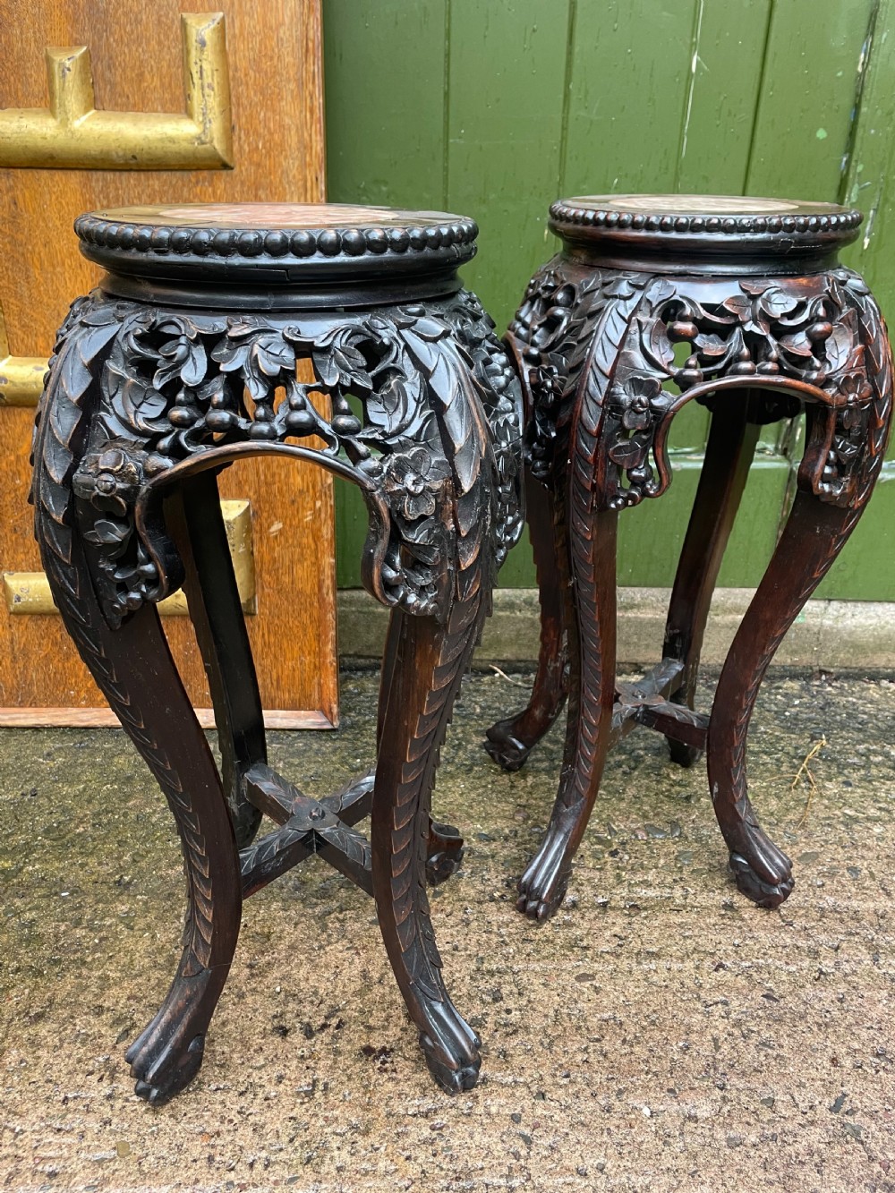 Pair of late C19th/early C20th Chinese Qing Dynasty carved hardwood vases stands . View VIII