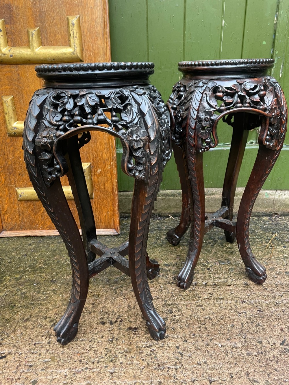 Pair of late C19th/early C20th Chinese Qing Dynasty carved hardwood vases stands . View IX