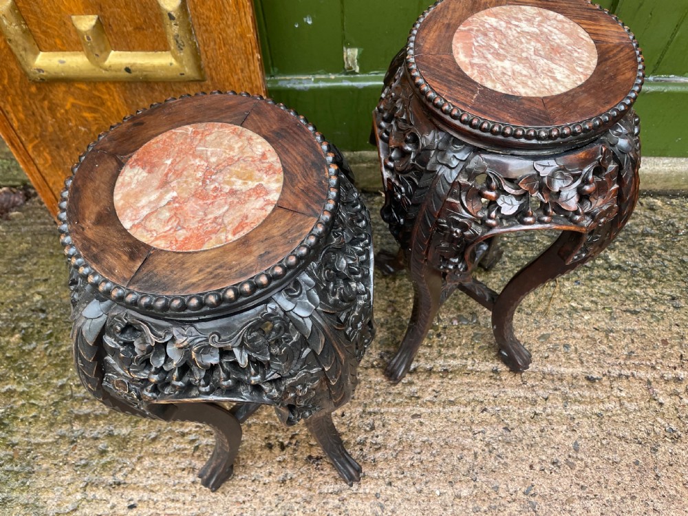 Pair of late C19th/early C20th Chinese Qing Dynasty carved hardwood vases stands . View X