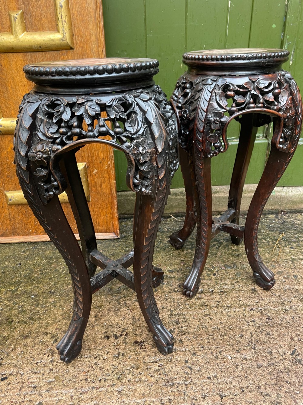 Pair of late C19th/early C20th Chinese Qing Dynasty carved hardwood vases stands . View XI