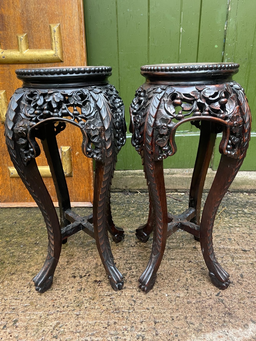 Pair of late C19th/early C20th Chinese Qing Dynasty carved hardwood vases stands . View XII