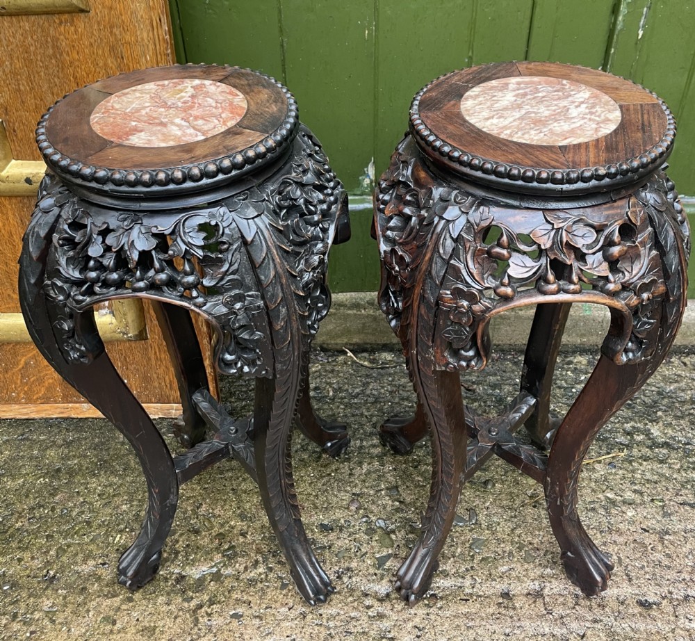 Pair of late C19th/early C20th Chinese Qing Dynasty carved hardwood vases stands . View II