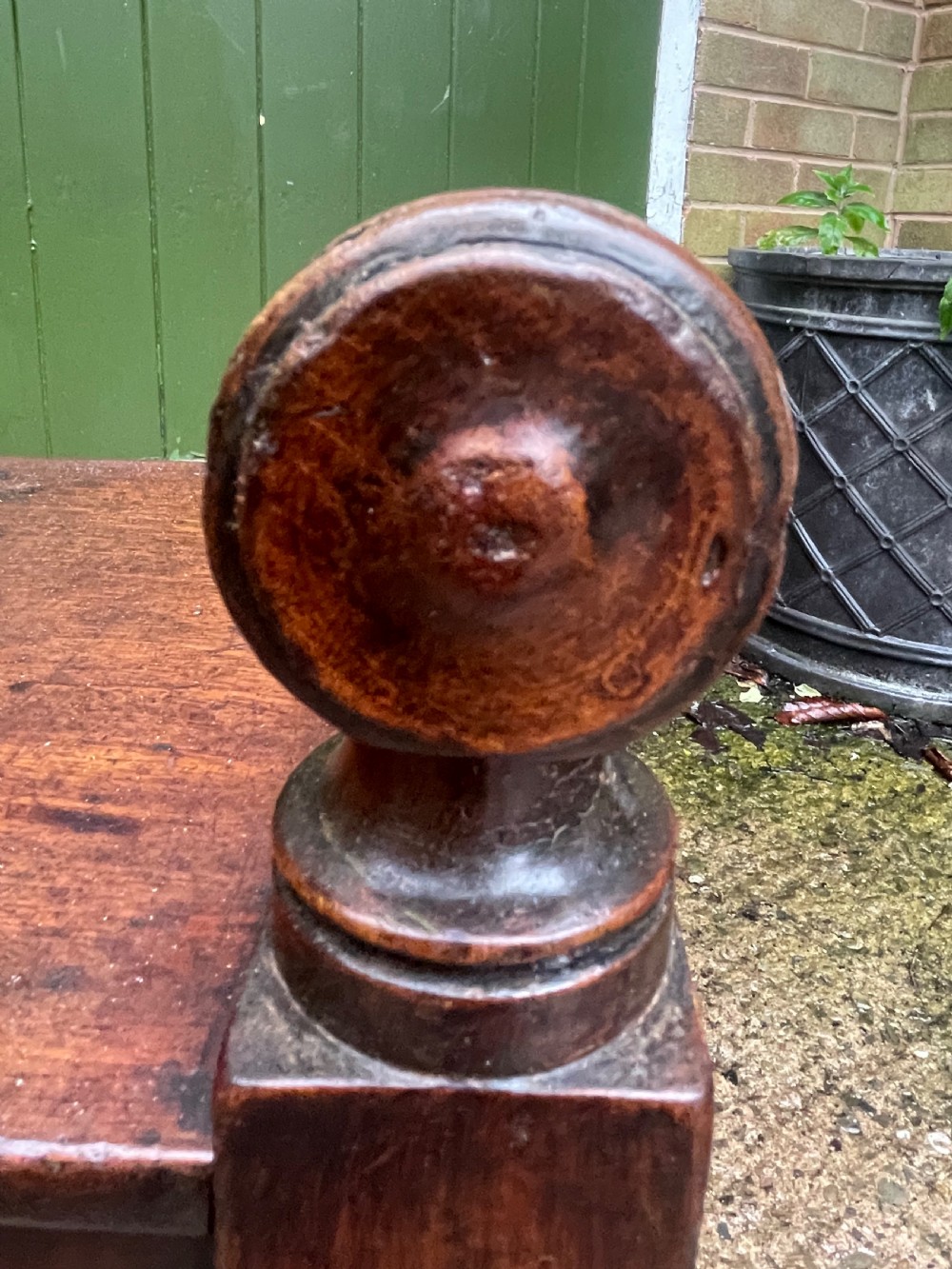 Early C19th Regency period mahogany hall bench or seat with cylindrical roll-end supports. View XI